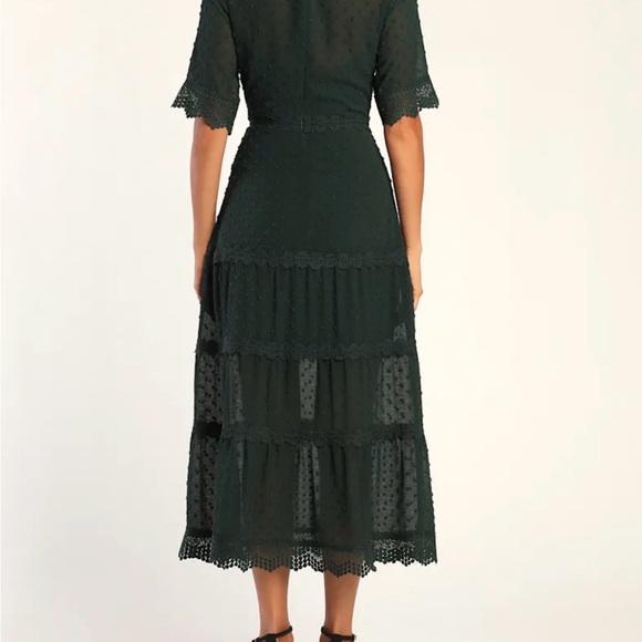 Lulu's Dark Forest Green Lace Tiered Midi Dress - Picture 3 of 5